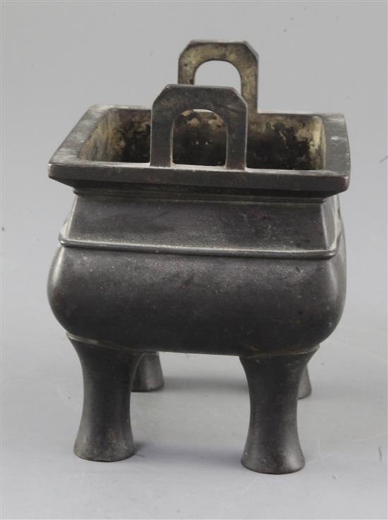 A Chinese bronze fang ding censer, Qing dynasty, height 13.5cm width 12.5cm